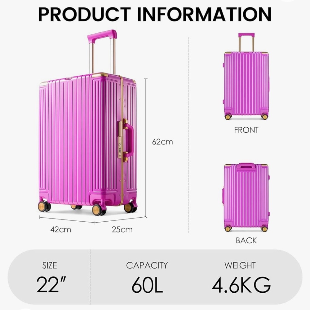 Carry on pink Aluminum Frame+PC Suitcase TSA Combination Lock Universal Wheel